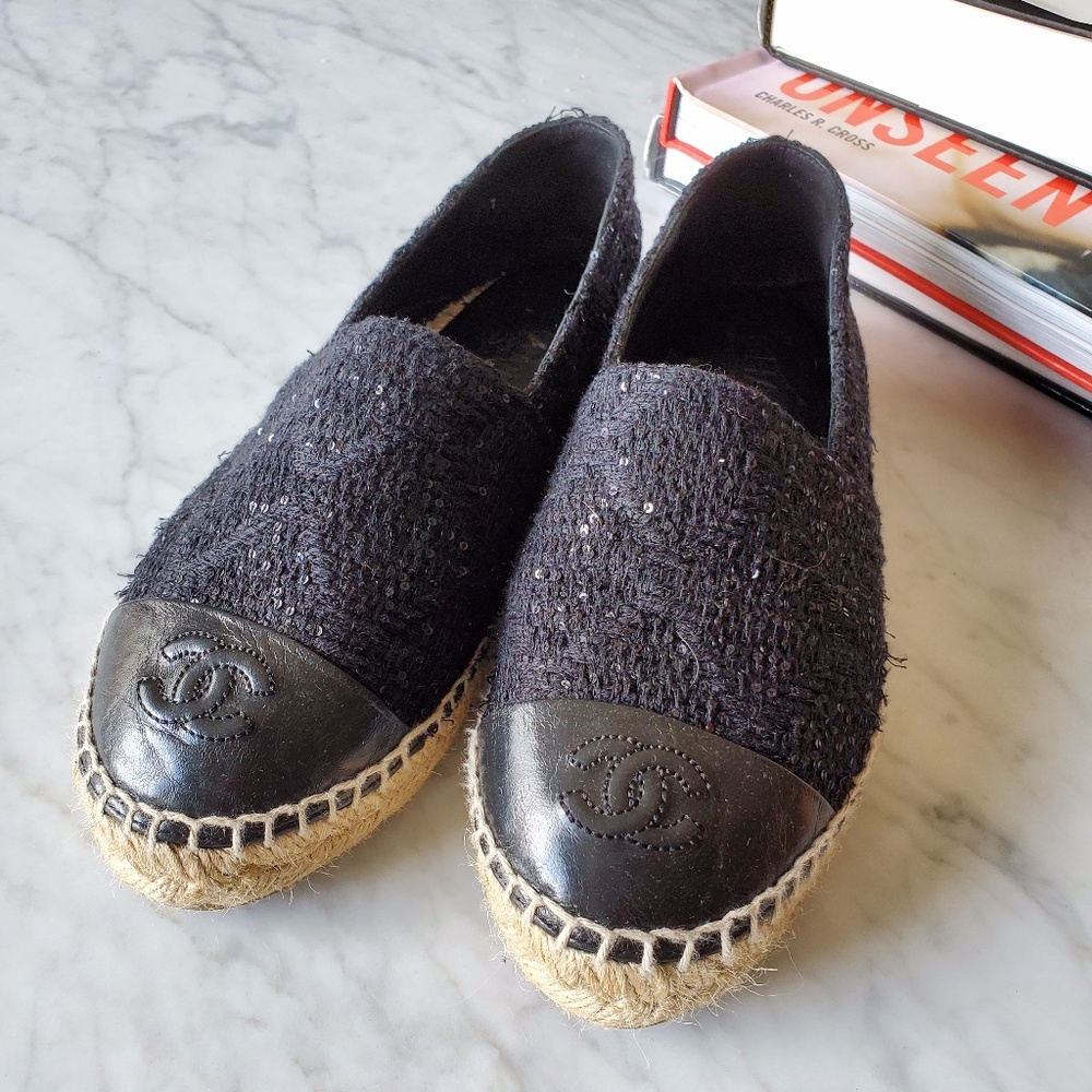 CHANEL Tweed Patent Goatskin Sequin Espadrilles 36